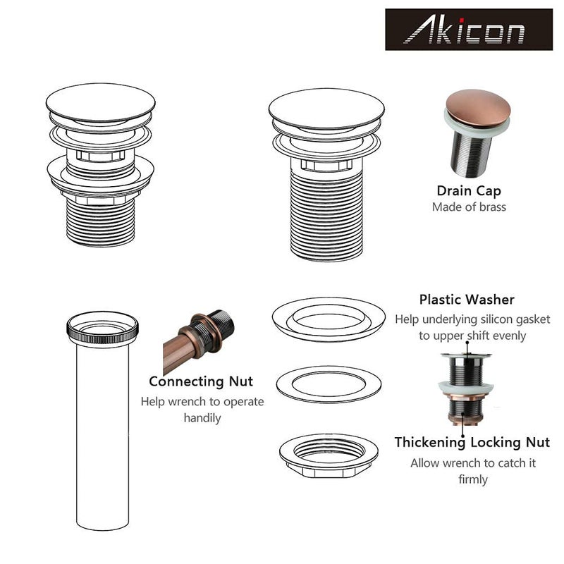 Akicon Copper Push Button Bathroom Sink Drain Stop & Pop Lavatory Stopper Without Overflow Bathroom Basin - Image 4